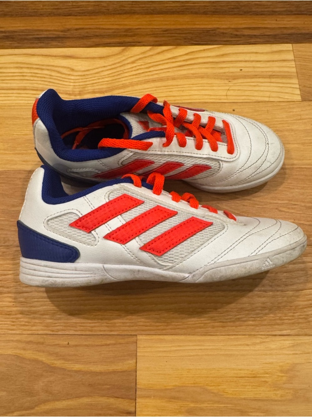 adidas Kids White Sneakers with Orange Stripes and Blue Accents